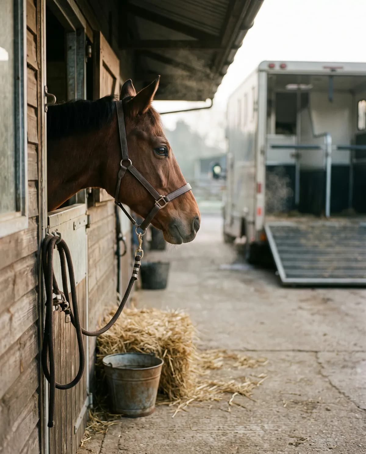 Een paard kijkt over de staldeur, achter op het erf wacht een trailer.