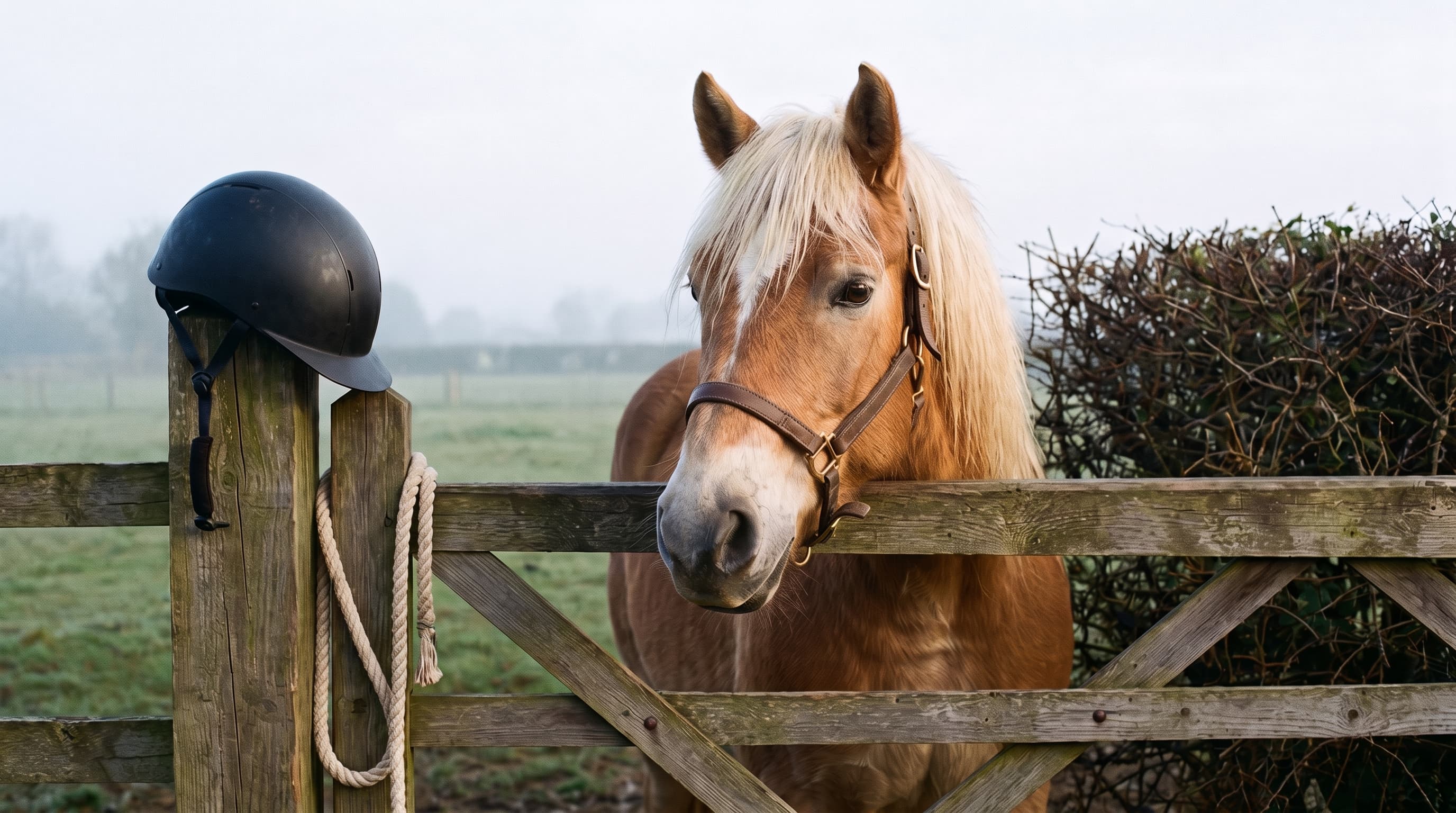 Een vos met vlaskleurige manen die op een mistige ochtend zijn hoofd over een houten weidehek laat rusten, met een rijhelm aan de hekpaal en een touw in een lus ernaast.