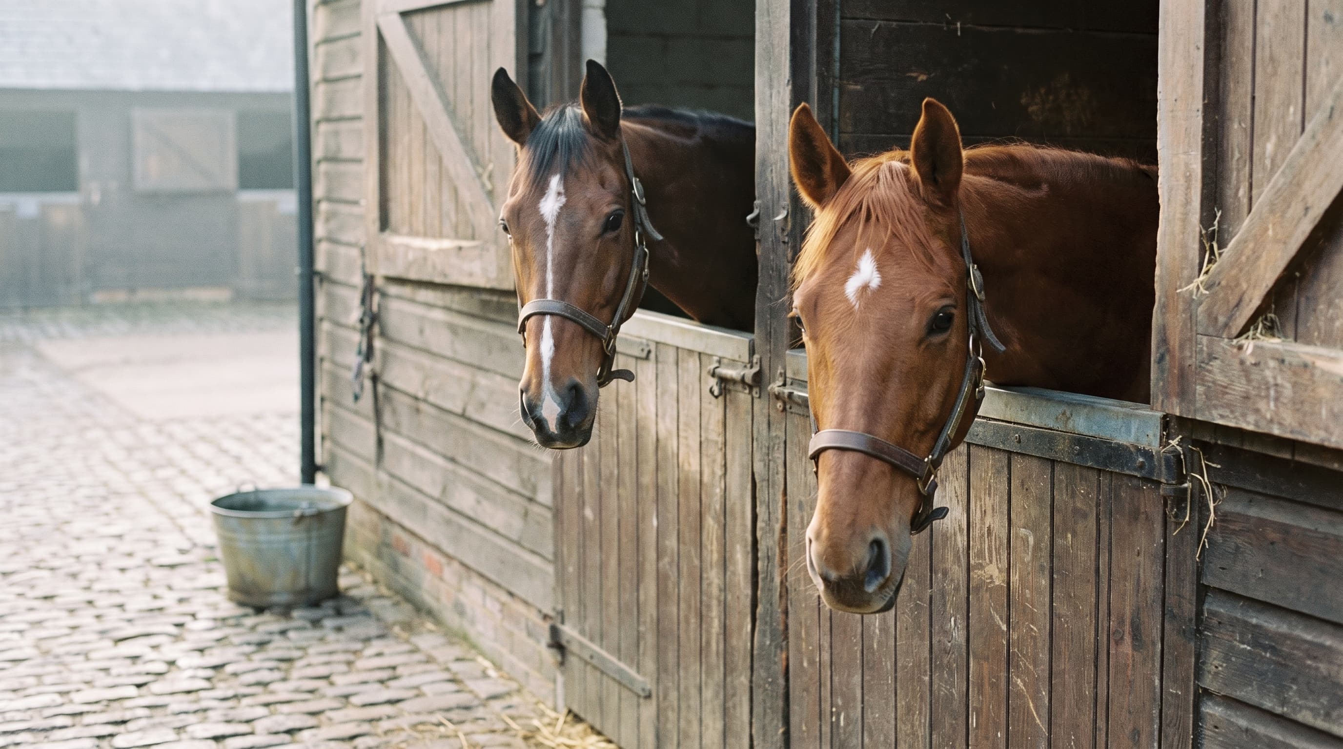 Een bruin paard met een smalle bles en een vos met een ster kijken over naast elkaar gelegen, verweerde staldeuren uit op een geplaveid erf, met een metalen emmer tegen de muur.