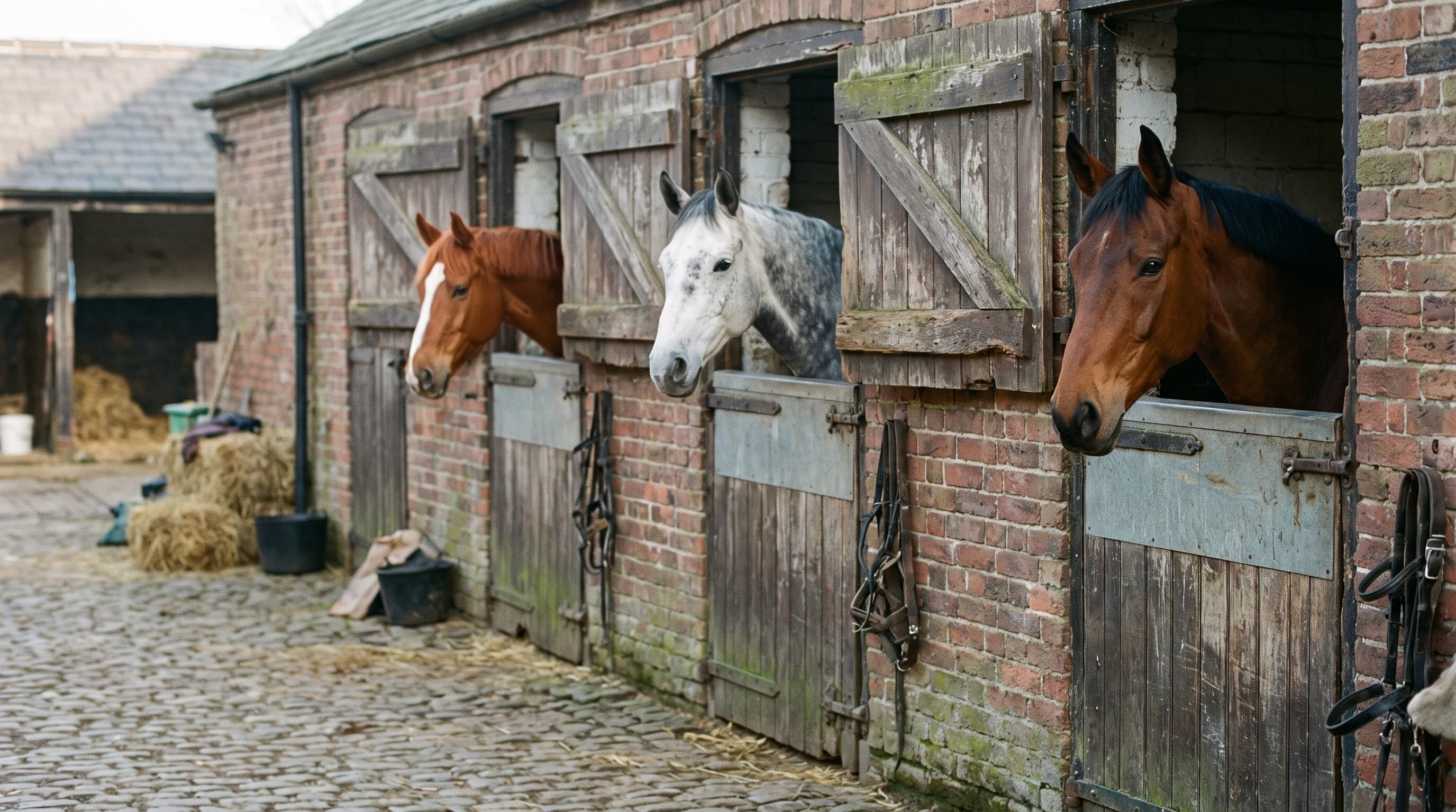 Een vos met een bles, een appelschimmel en een bruin paard kijken over de staldeuren van een bakstenen stal uit op een geplaveid erf.