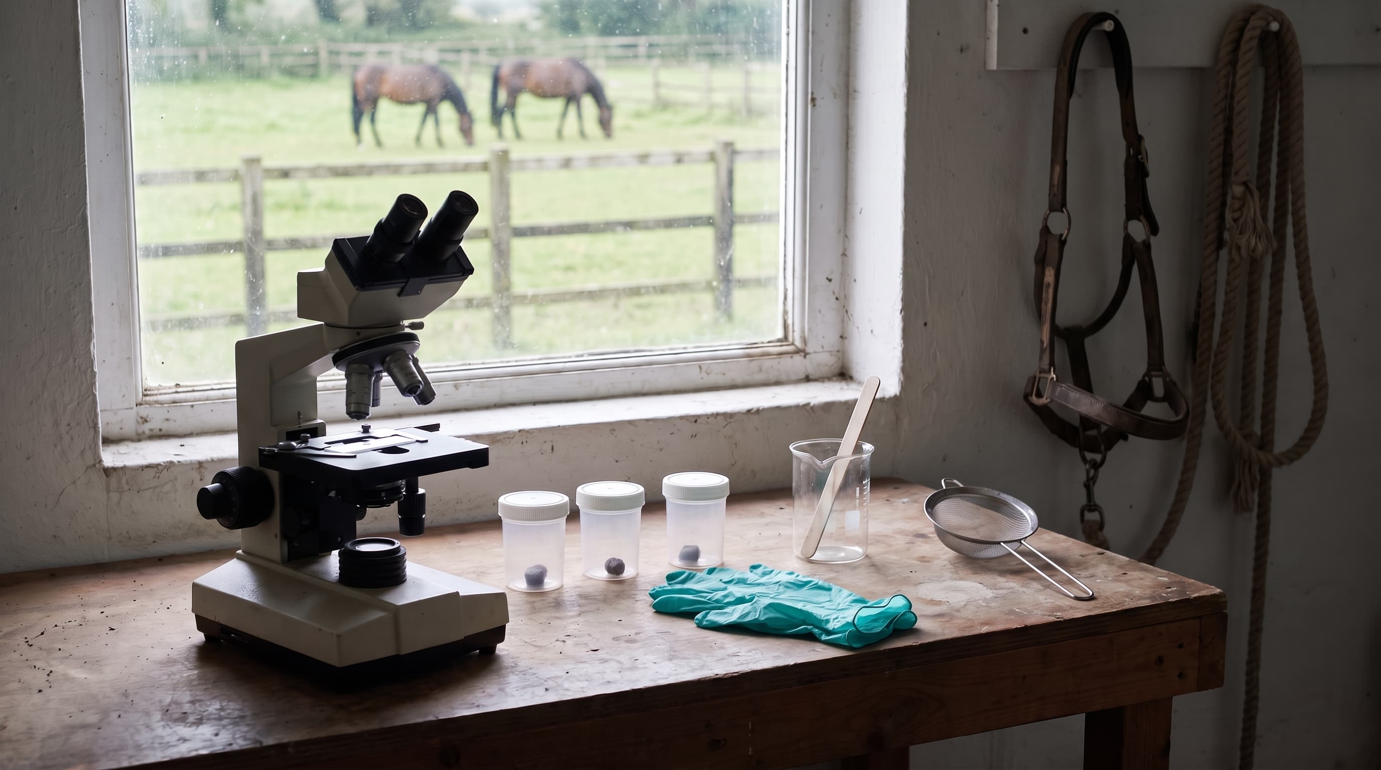 Een microscoop en kleine monsterpotjes op een werkbank in de zadelkamer, naast een paar handschoenen, een bekerglas en een zeef, met door het raam erachter paarden die grazen in een paddock.