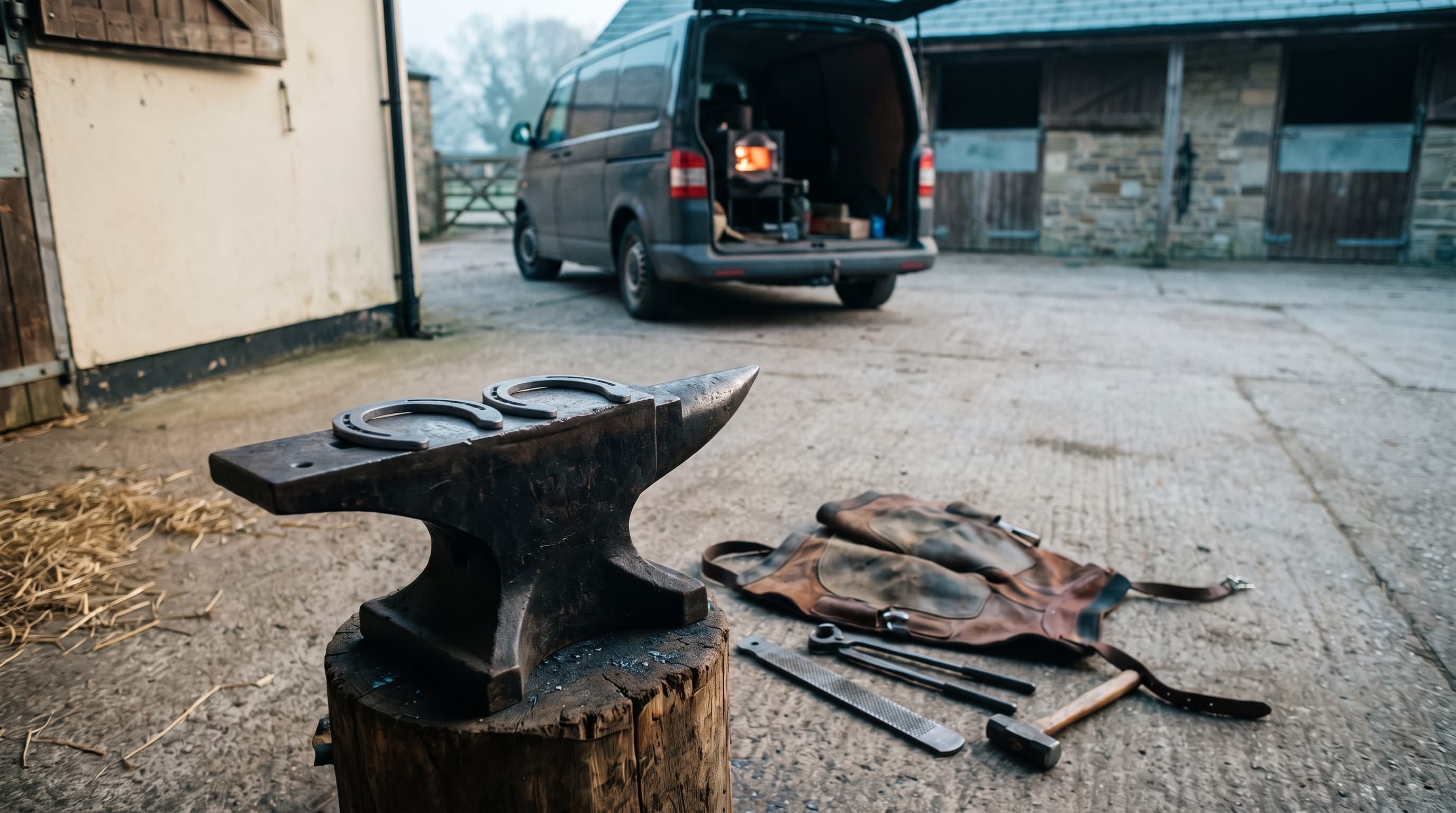 Een zwart aambeeld op een houten blok op een stalerf bij het eerste licht, twee nieuwe hoefijzers erop, een leren smidsschort, een rasp, een hoeftang en een hamer op het beton, en daarachter een open bus met een klein gloeiend smidsvuur erin.