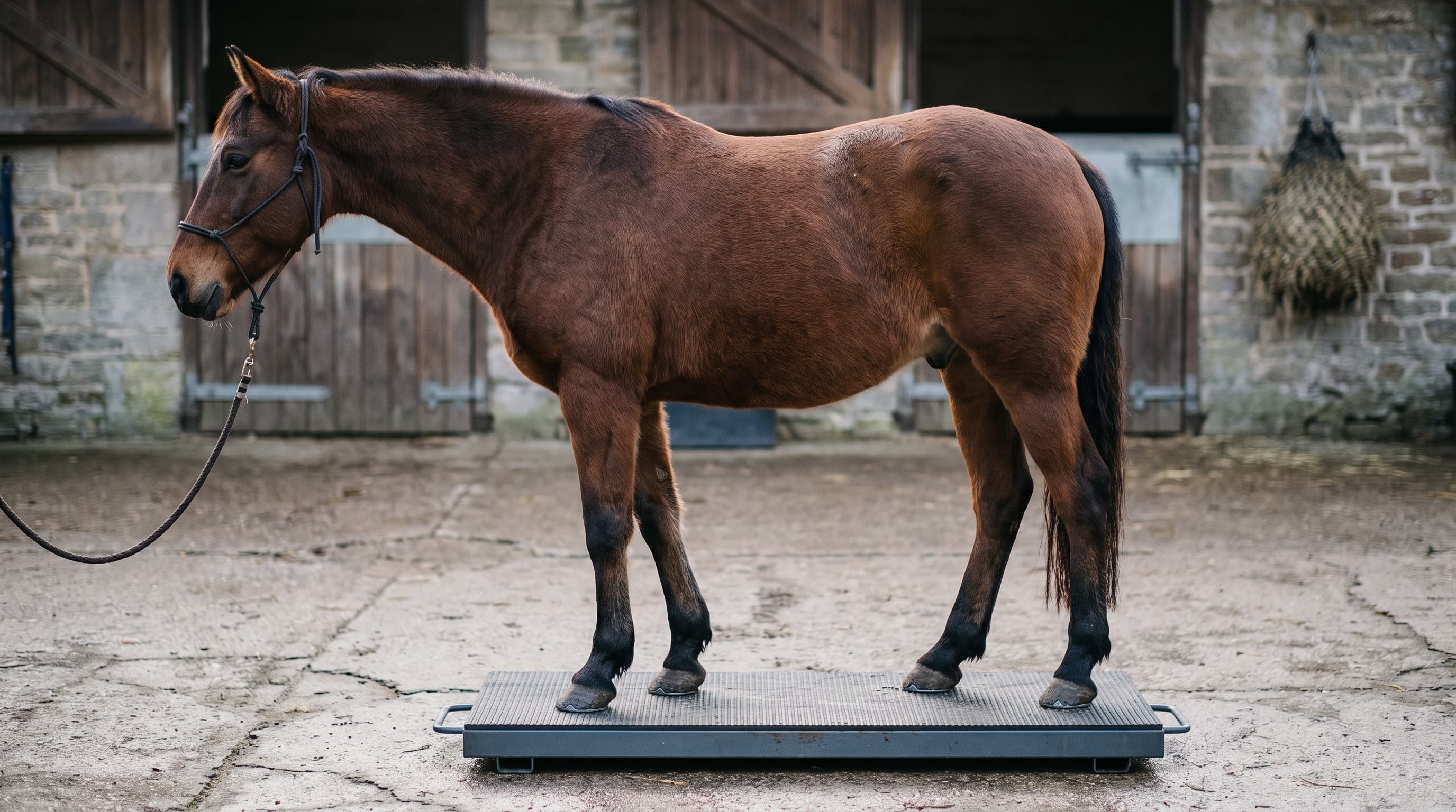 Een bruin paard met een touwhalster staat zijdelings op een laag grijs veeweegplatform op een stenen stalerf, met houten staldeuren en een hooinet aan de muur erachter.