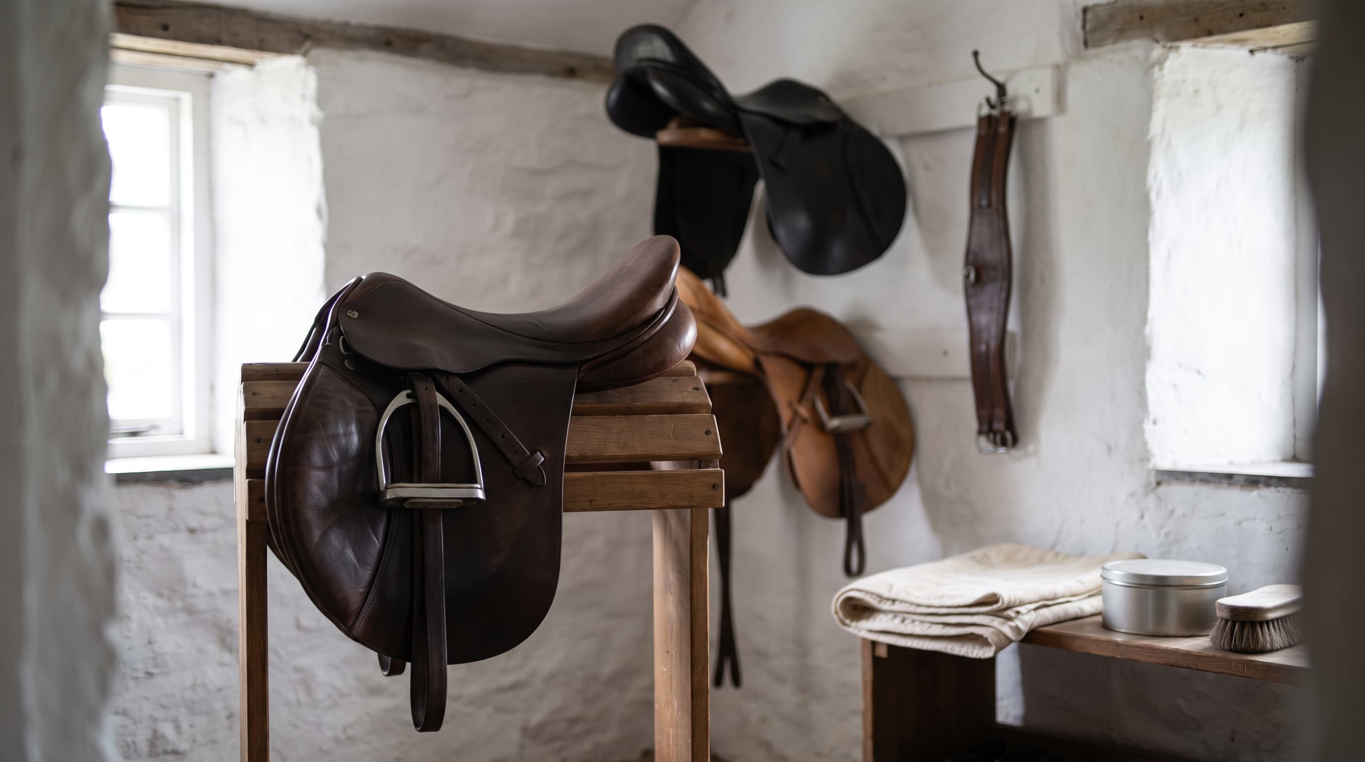 Een bruin leren Engels zadel op een houten zadelbok in een witgekalkte zadelkamer, met een stijgbeugel die op het zweetblad hangt, daarachter meer zadels en een singel aan de muur en op een plank een opgevouwen zadeldekje, een blik en een borstel.
