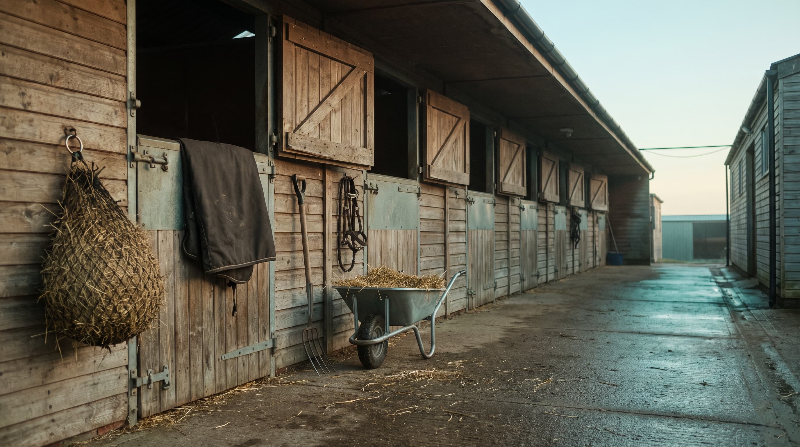 Een rij verweerde houten paardenboxen op een pensionstal in de vroege ochtend: bovendeuren opengehaakt, een vol hooinet aan een ring, een donkere deken over een deur, een halster aan een haak en een kruiwagen met stro op nat beton.