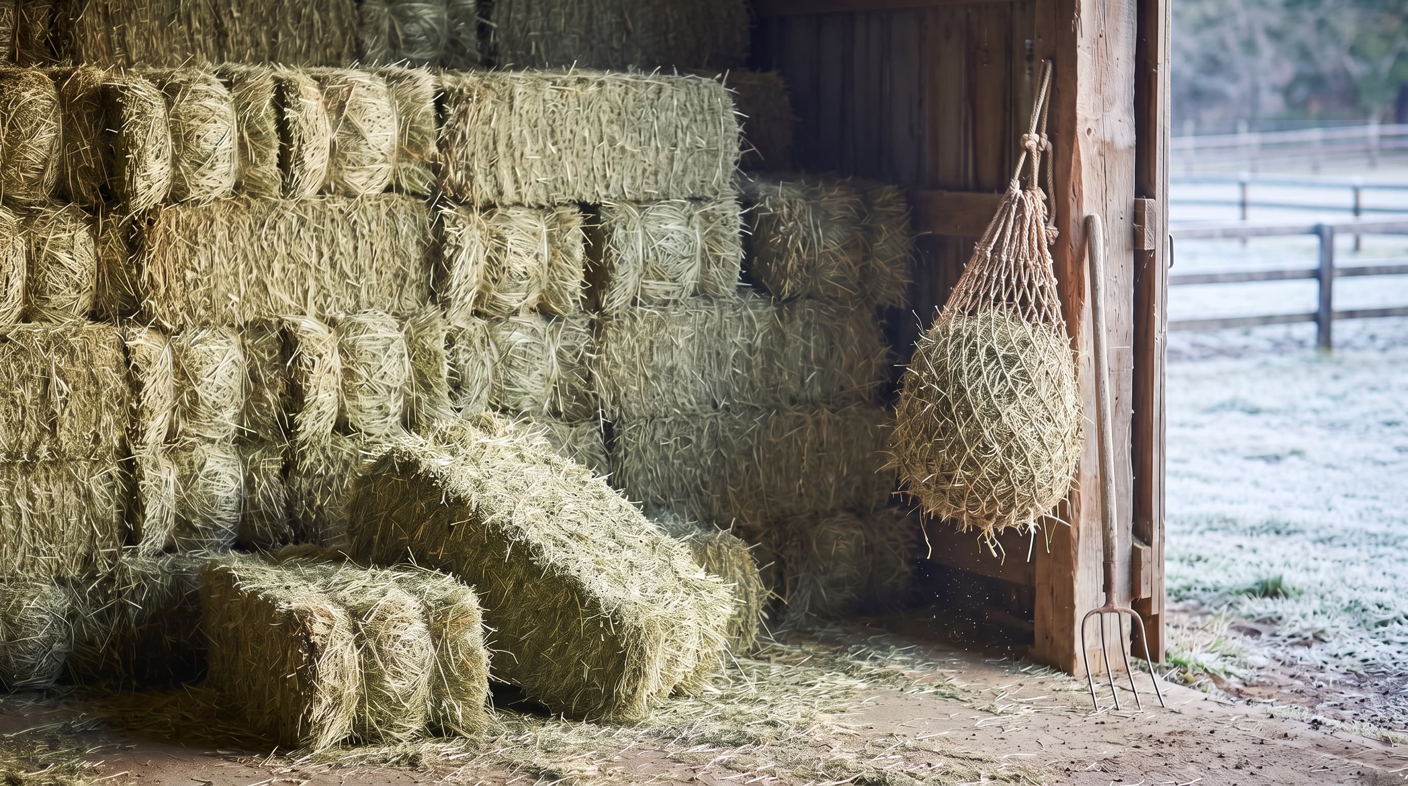 Een stapel kleine hooibalen in een houten schuur met één opengevallen baal ervoor, een gevuld hooinet aan een paal en een hooivork die ernaast leunt, en door de open deur een berijpte paddock.