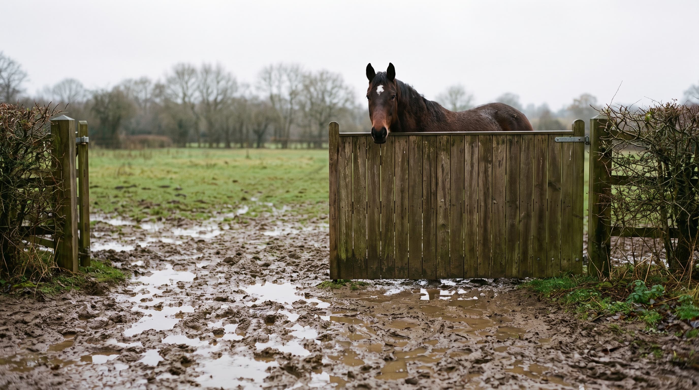Een bruin paard met een witte ster kijkt over een stevig houten weidehek, de ingang ervoor op een grijze dag omgewoeld tot diepe modder en plassen.