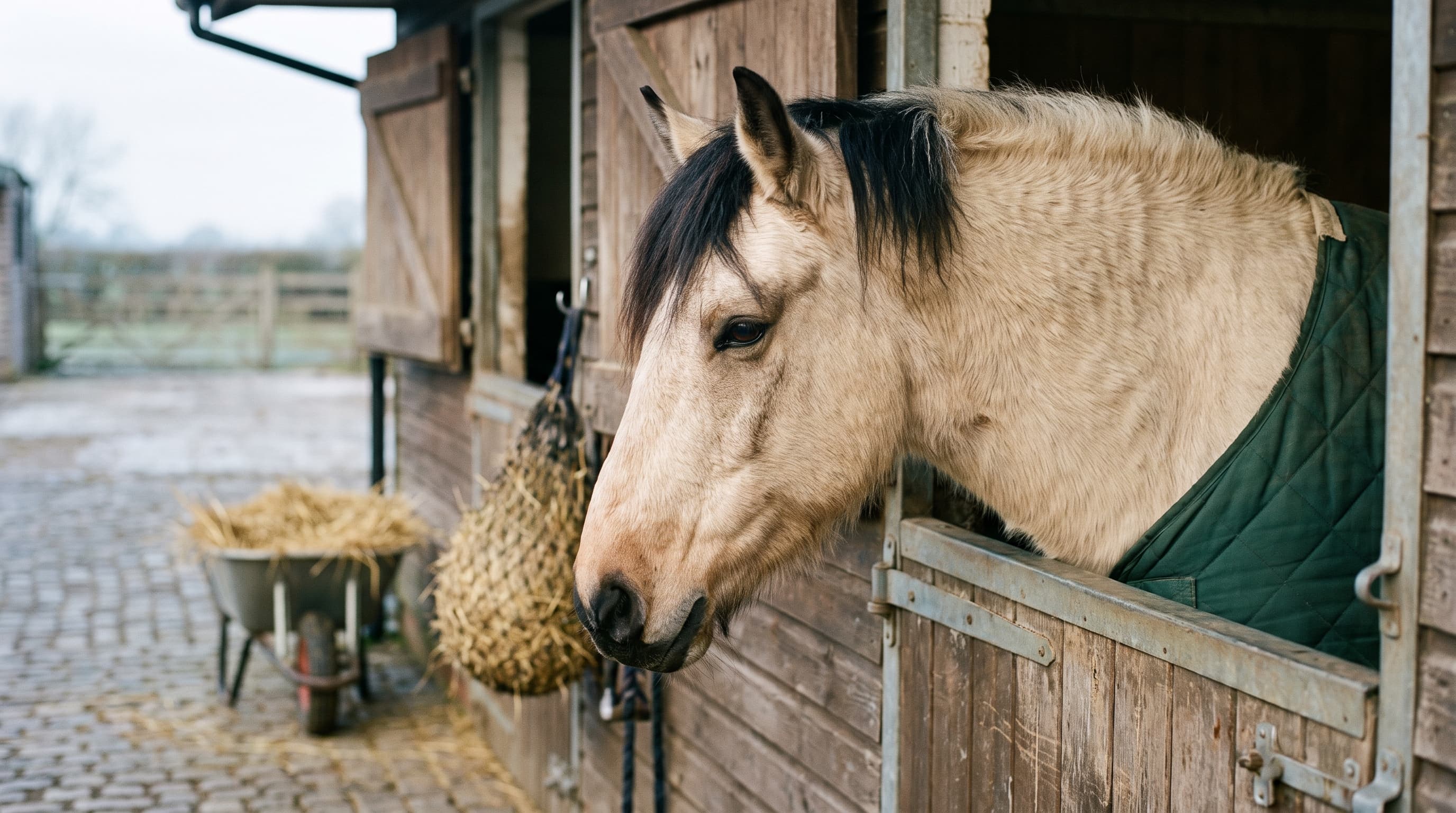 Een valk paard met een dikke wintervacht en een eenvoudige groene gestikte deken kijkt over een verweerde staldeur, met een hooinet en een kruiwagen stro op het geplaveide erf erachter.