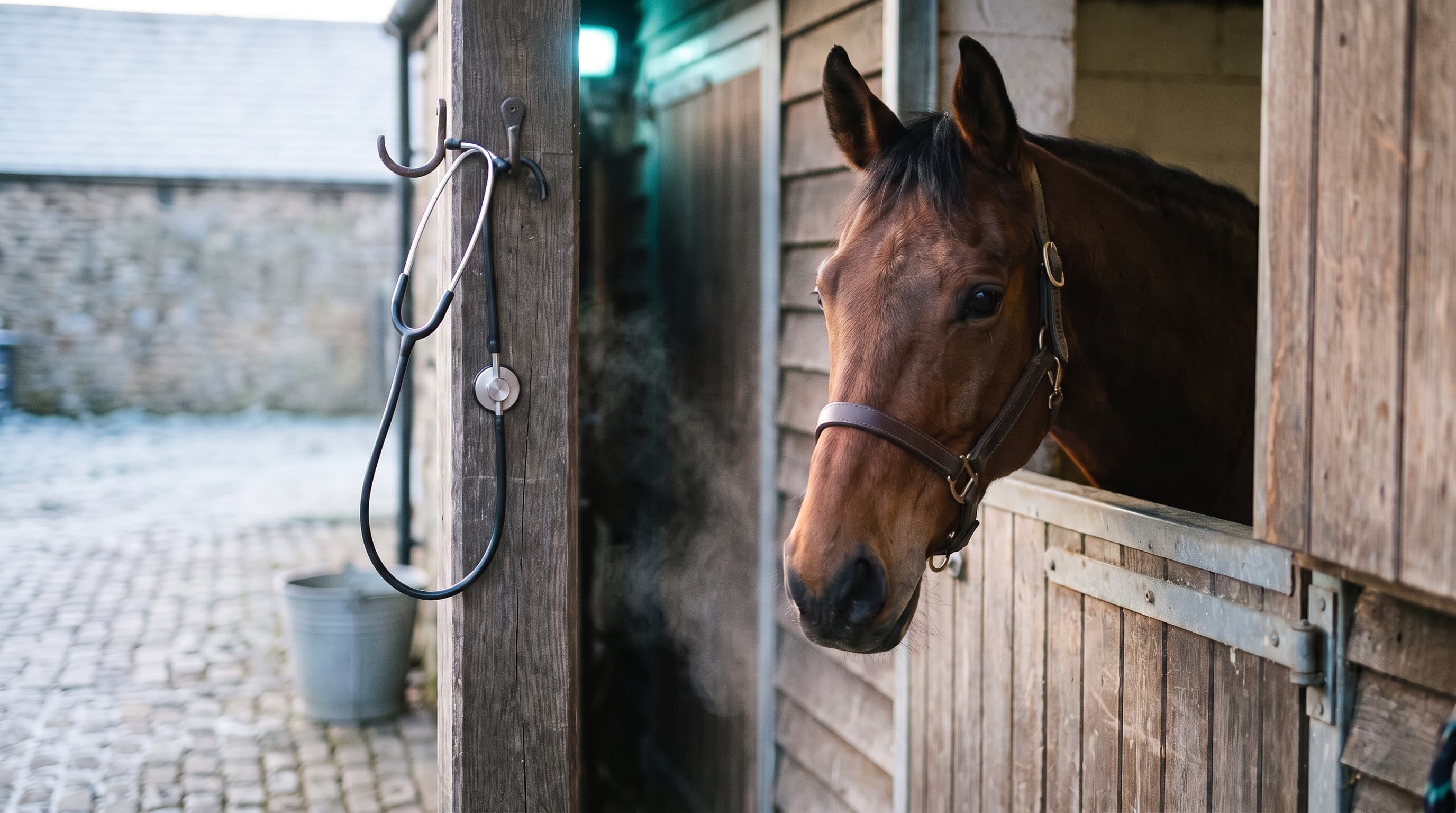 Een rustig bruin paard kijkt op een ijzige ochtend over een verweerde staldeur, met een stethoscoop aan een haak aan het deurkozijn ernaast.