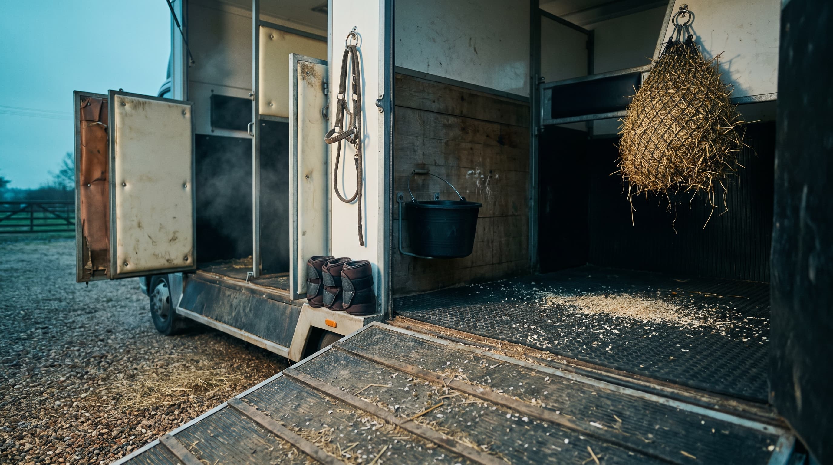 Zicht vanaf de neergelaten klep de lege paardenvrachtwagen in: opengeklapte gestoffeerde tussenschotten, een vol hooinet, een zwarte wateremmer, een rubberen vloer met wat krullen en opgevouwen transportbeschermers.
