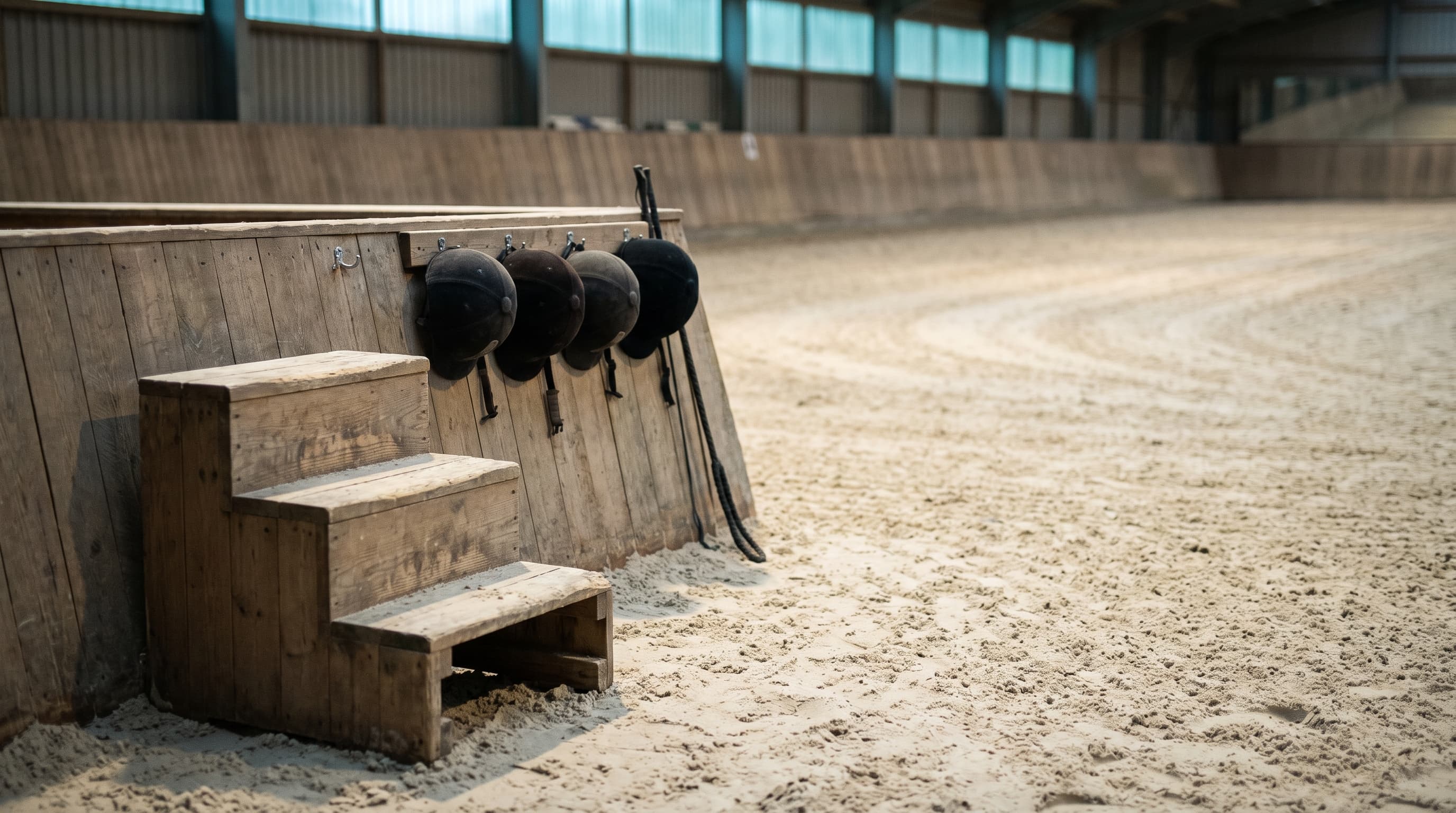 De hoek van een lege rijhal voor de eerste les: een houten opstapblok op aangeharkt zand, zwarte caps aan haken langs het houten beschot en een lange zweep die ernaast leunt.