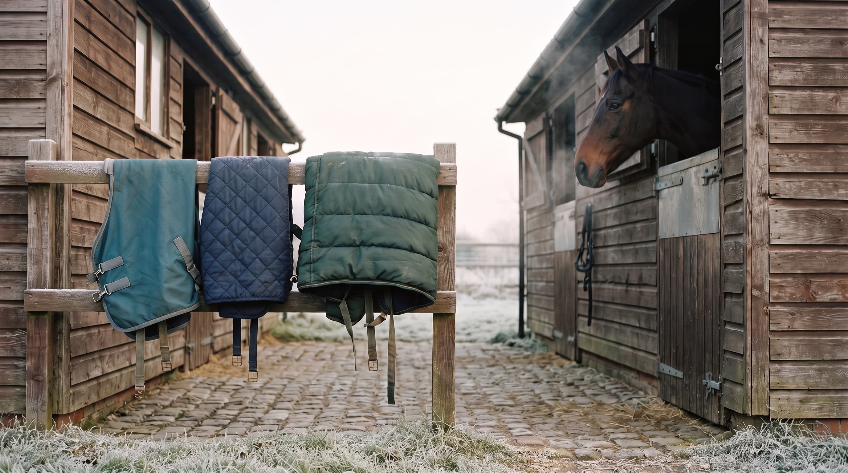 Paardendekens van verschillende dikte over een berijpte houten balk op een geplaveid stalerf bij het eerste licht, en rechts een bruin paard dat over een staldeur kijkt, zijn adem zichtbaar in de koude lucht.